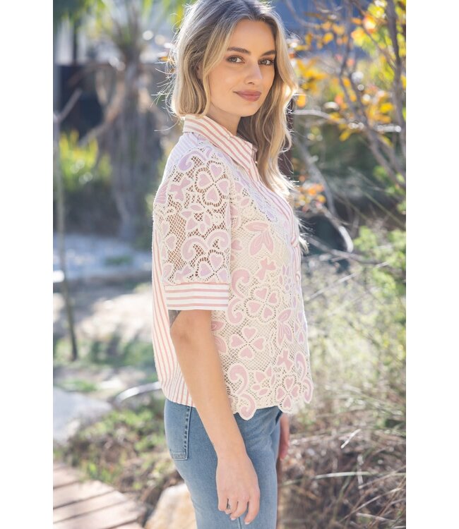 Collared V Neck Stripe and Lace Top