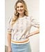 Stripe Ribbed Band Floral Embroidered Lace Top