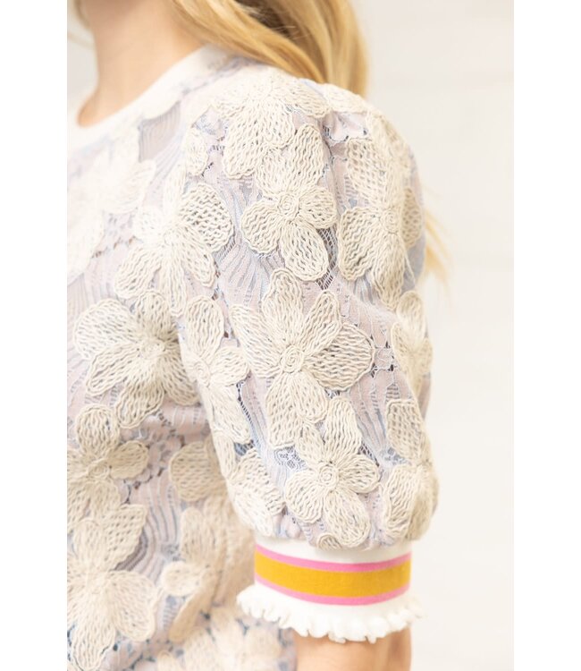 Stripe Ribbed Band Floral Embroidered Lace Top