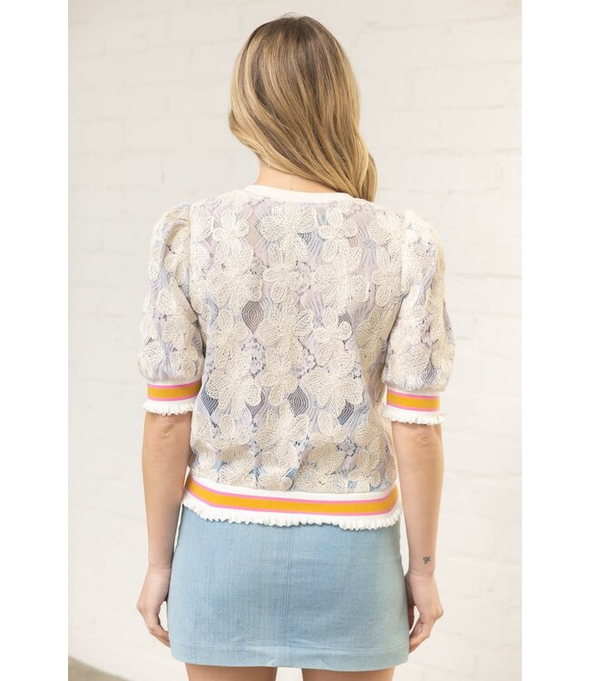 Stripe Ribbed Band Floral Embroidered Lace Top