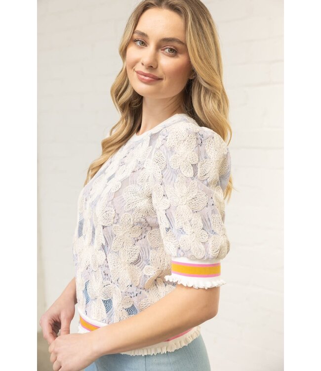 Stripe Ribbed Band Floral Embroidered Lace Top