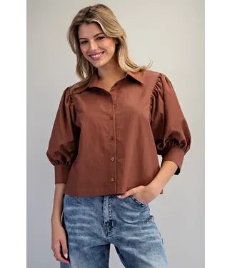 Puff Sleeve Button Down Shirt Bronze