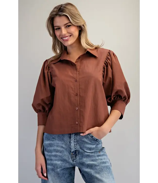 Puff Sleeve Button Down Shirt Bronze