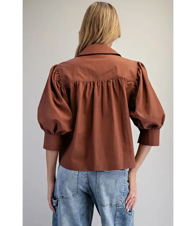 Puff Sleeve Button Down Shirt Bronze