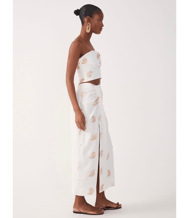 Off White Shell Embroidered Draped Linen Maxi Skirt