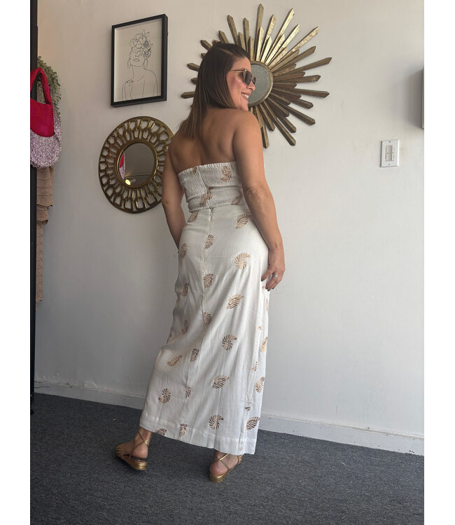Off White Shell Embroidered Draped Linen Maxi Skirt