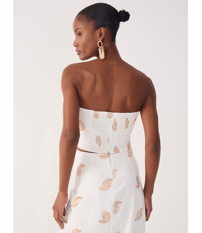 Off White Shell Embroidered Cut Out Linen Crop Top