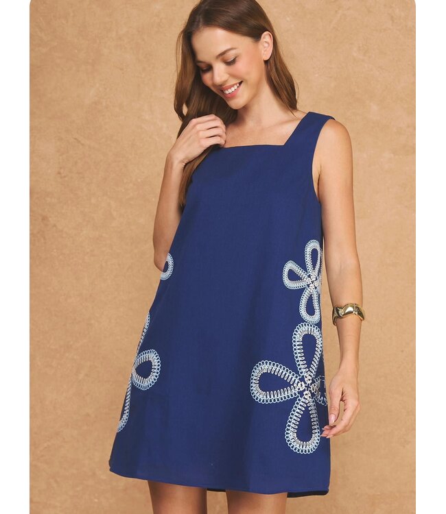 Floral Loop Embroidered Sleeveless Linen Mini Dress