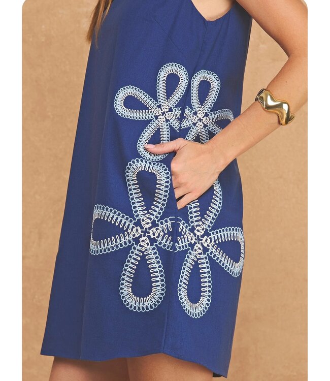 Floral Loop Embroidered Sleeveless Linen Mini Dress