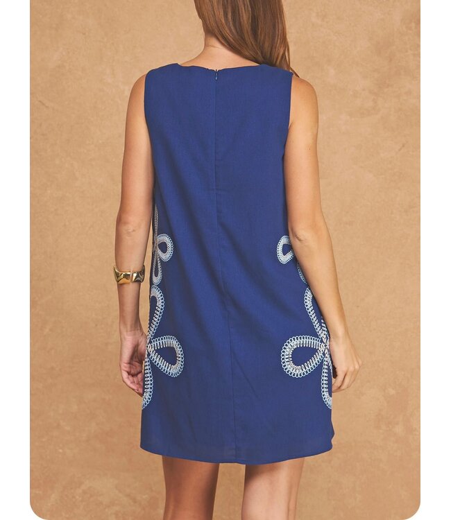 Floral Loop Embroidered Sleeveless Linen Mini Dress