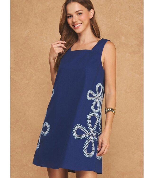 Floral Loop Embroidered Sleeveless Linen Mini Dress