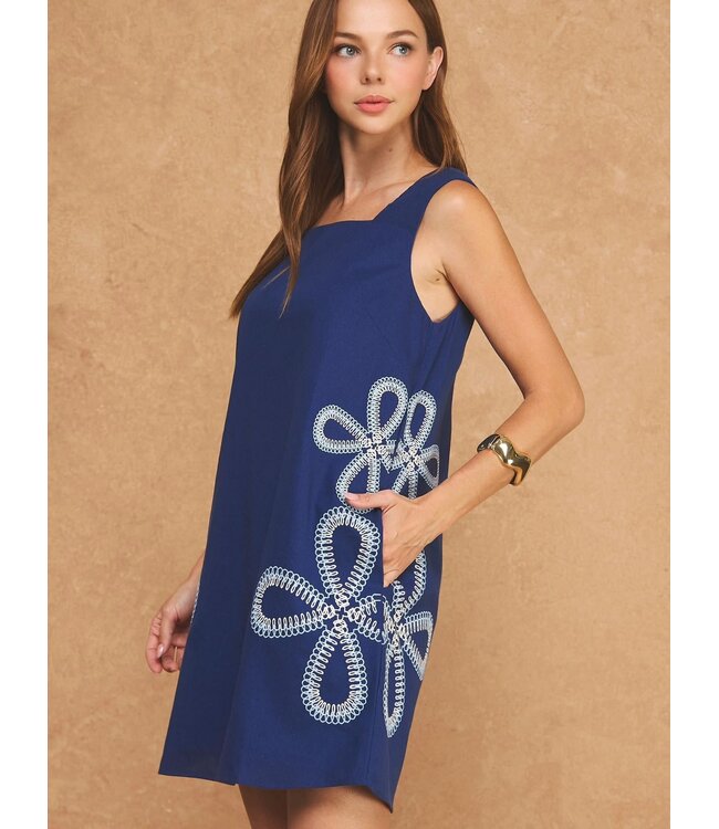 Floral Loop Embroidered Sleeveless Linen Mini Dress