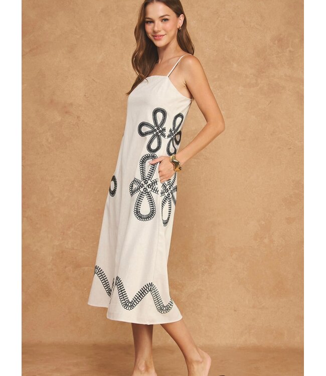 Embroidered Sleeveless Linen Midi Dress