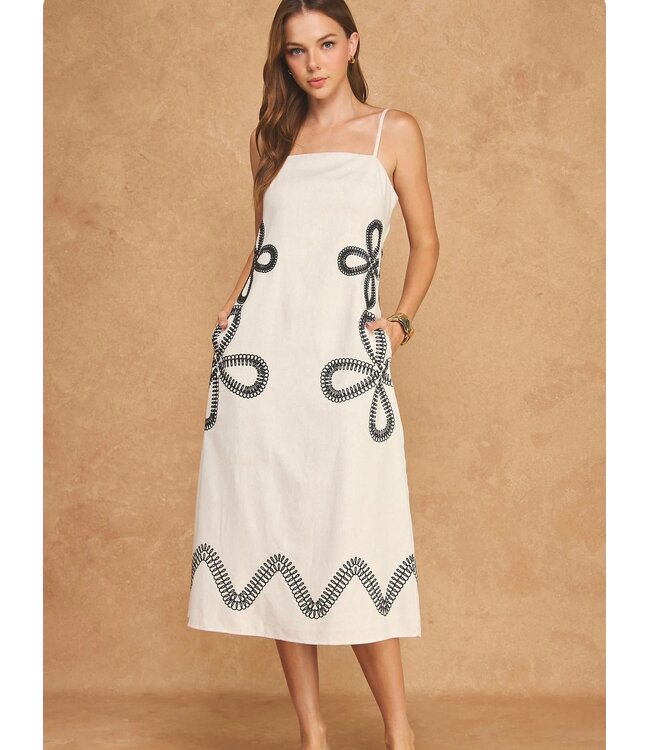 Embroidered Sleeveless Linen Midi Dress