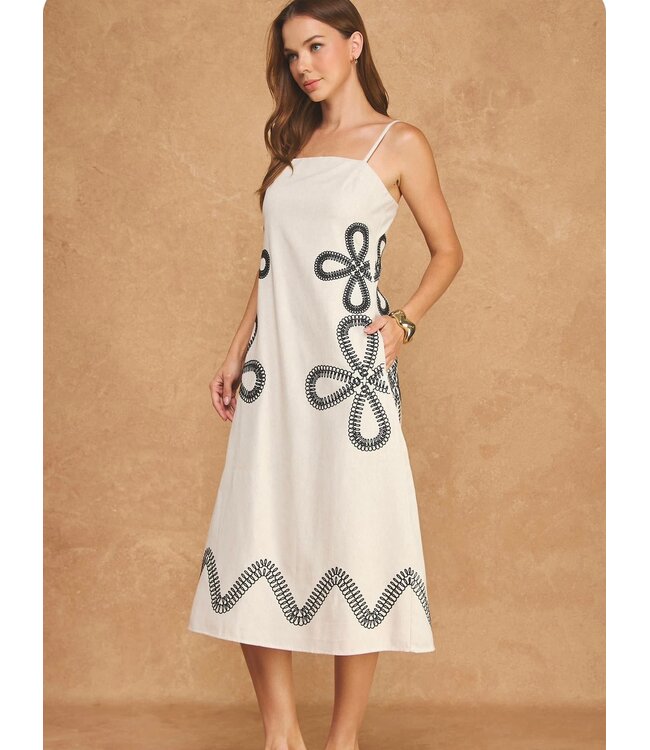Embroidered Sleeveless Linen Midi Dress