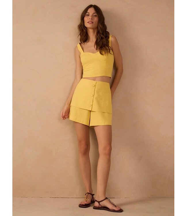 Yellow Day Buttons Back Pockets Linen Shorts