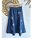 Embroidered Elastic Waist A line Midi Length Denim Skirt