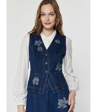 Embroidered V neck Denim Vest
