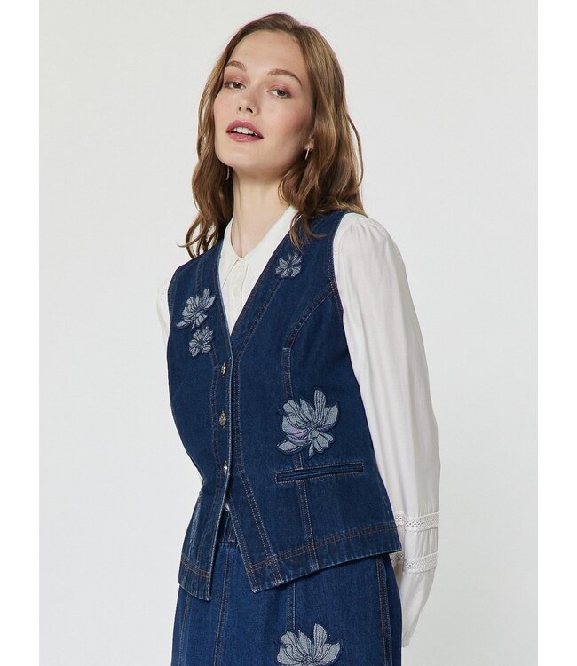 Embroidered V neck Denim Vest