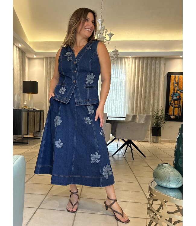 Embroidered V neck Denim Vest