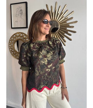 Solid Wavy Hem Detail Floral Top