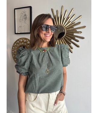 Rushed and Ruffle Sleeve Stripe Knit Top