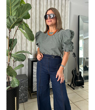 Rushed and Ruffle Sleeve Stripe Knit Top