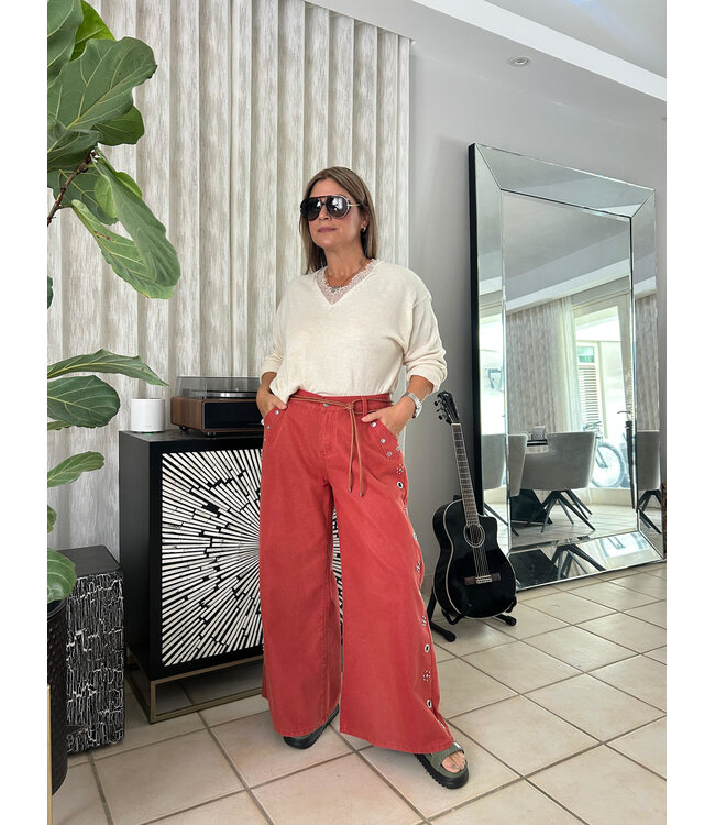 Crimson Red Studded Denim