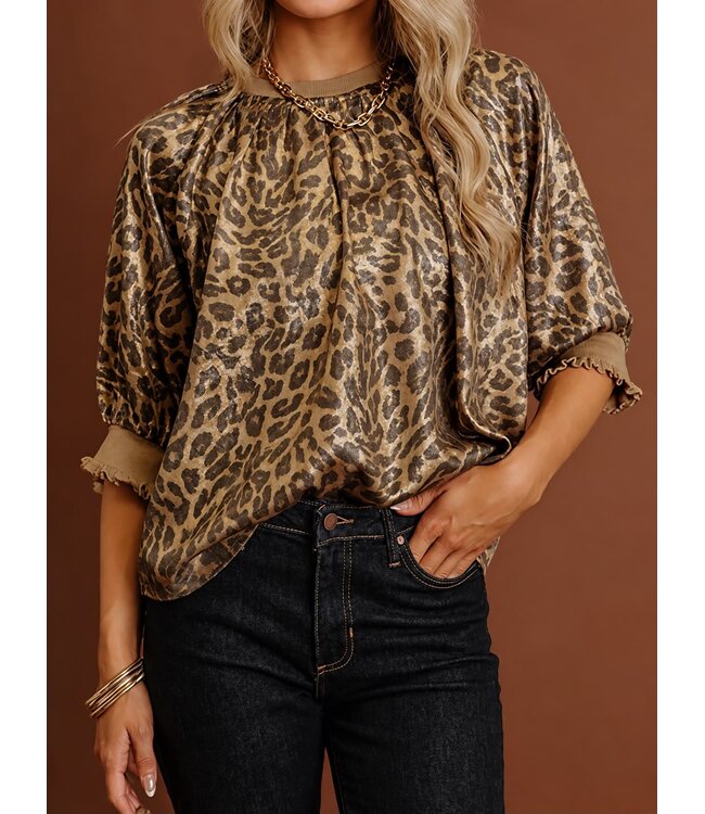 Puff Sleeve Metallic Animal Print Top