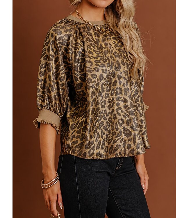 Puff Sleeve Metallic Animal Print Top