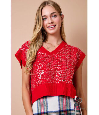 Day + Moon Sequins Red Sweater Top