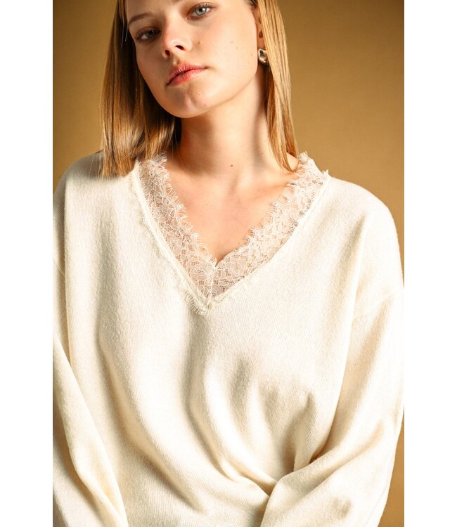 Long Sleeve Lace Contrast Knit Top