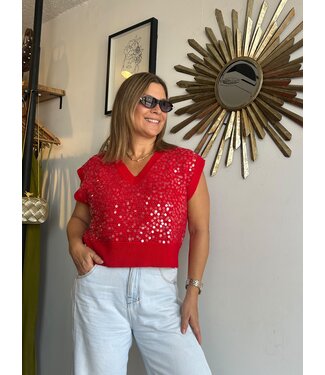 Day + Moon Sequins Red Sweater Top