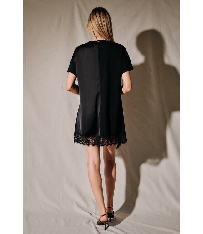 Short Sleeve Satin Lace Asymmetric Mini Dress