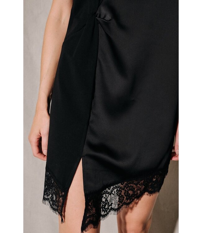 Short Sleeve Satin Lace Asymmetric Mini Dress
