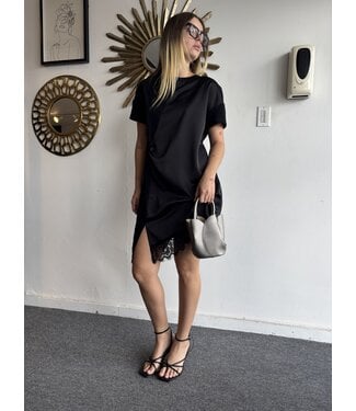 Short Sleeve Satin Lace Asymmetric Mini Dress
