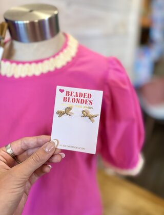 Beaded Blondes Gold Bow Earrings