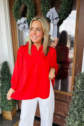 Buttoned Up in Red Blouse