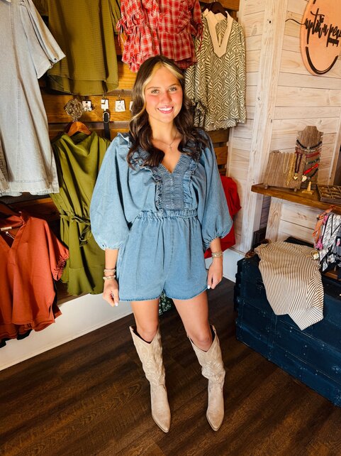 The Smocked and Ruffled Denim Romper