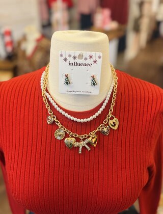 Bow and Pearl Layered Charm Necklace