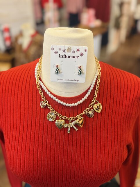 Bow and Pearl Layered Charm Necklace