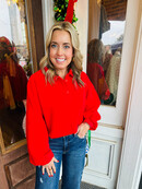 Red Cropped Collared Pullover