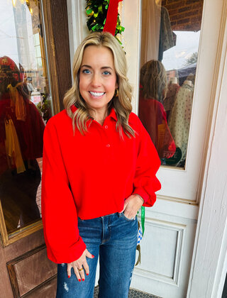 Red Cropped Collared Pullover