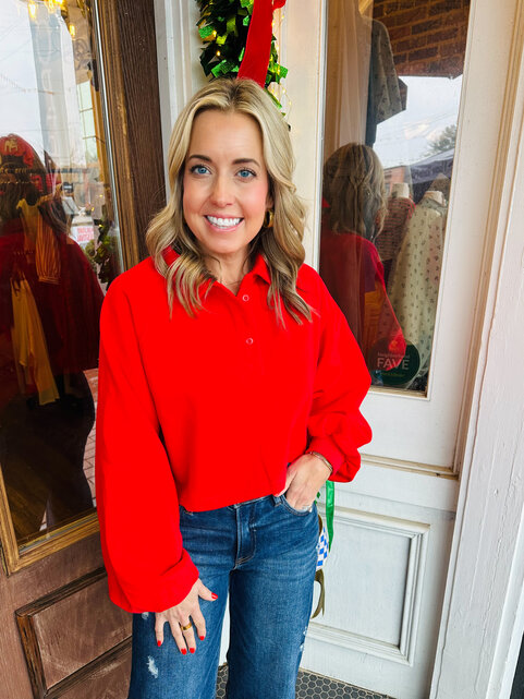 Red Cropped Collared Pullover