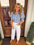 Blue Floral Ruffle Neck Top