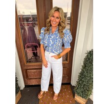 Blue Floral Ruffle Neck Top