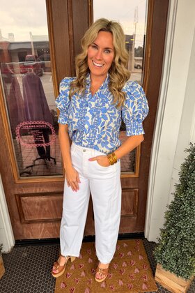 Blue Floral Ruffle Neck Top