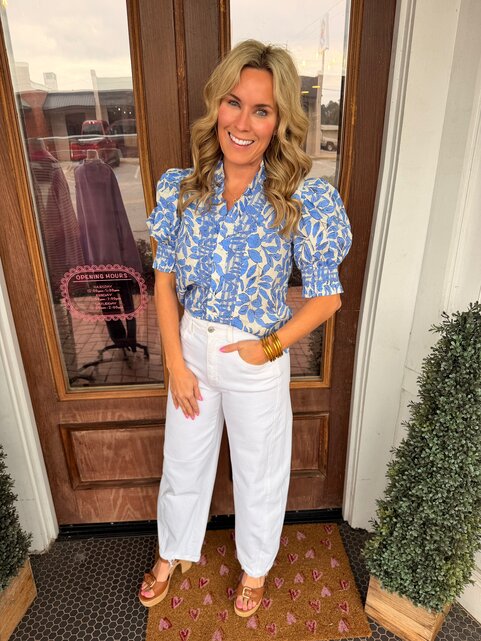 Blue Floral Ruffle Neck Top