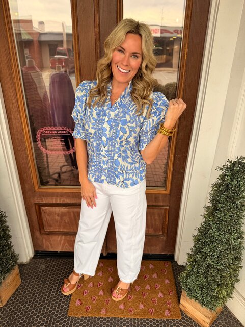 Blue Floral Ruffle Neck Top