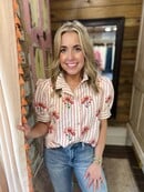 Pink Striped/Flowered Puff Sleeve Blouse